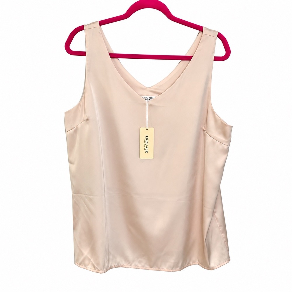 Ekouaer Satin V-Neck Tank Top Champagne Pink Sleeveless Blouse XL NWT